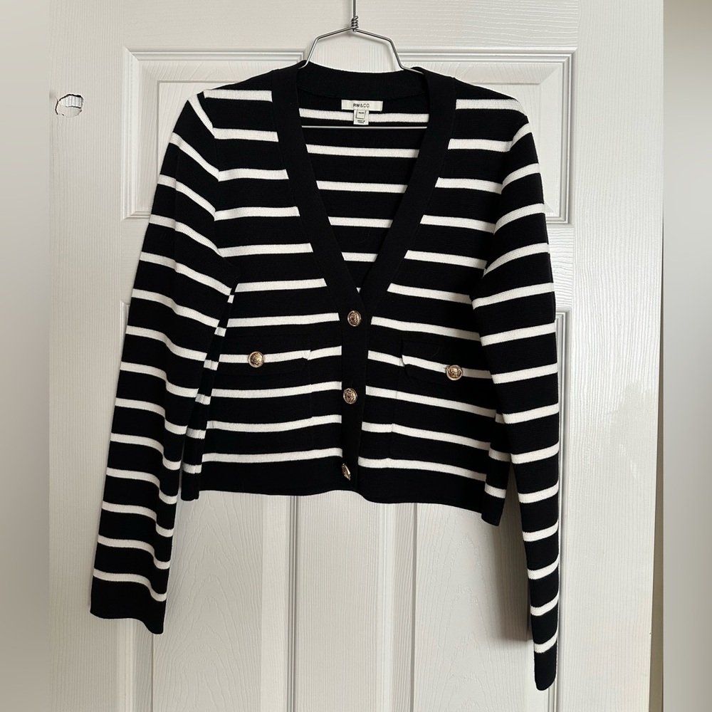 RW&CO. Black and White Striped V-Neck Cardigan with Gold Buttons